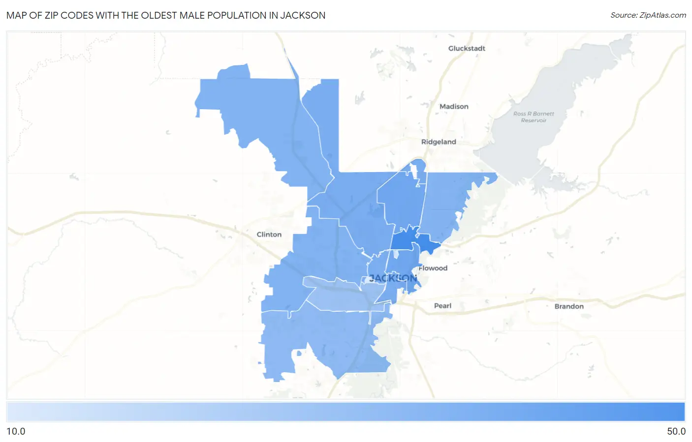 Zip Codes with the Oldest Male Population in Jackson Map