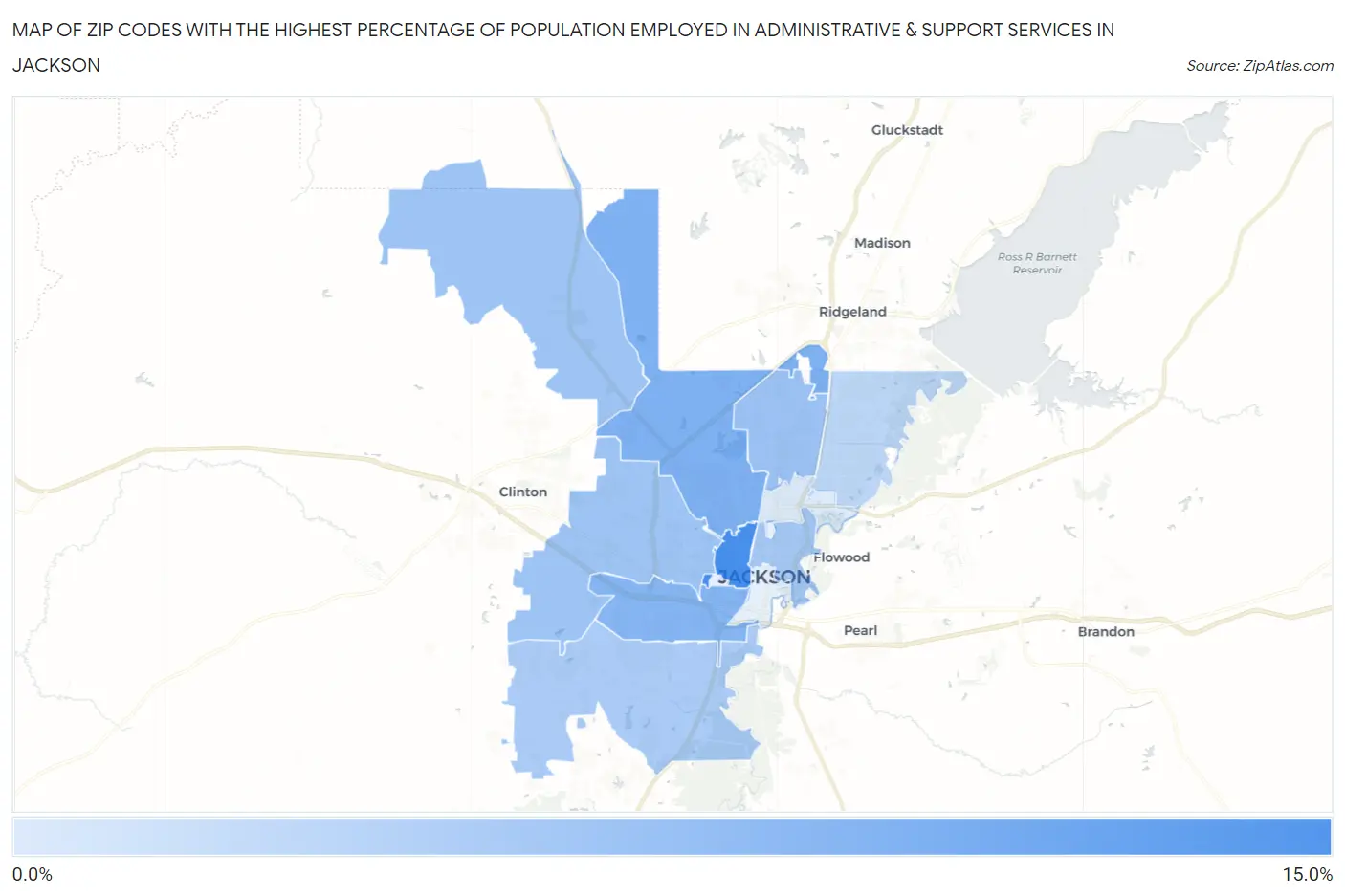 Zip Codes with the Highest Percentage of Population Employed in Administrative & Support Services in Jackson Map