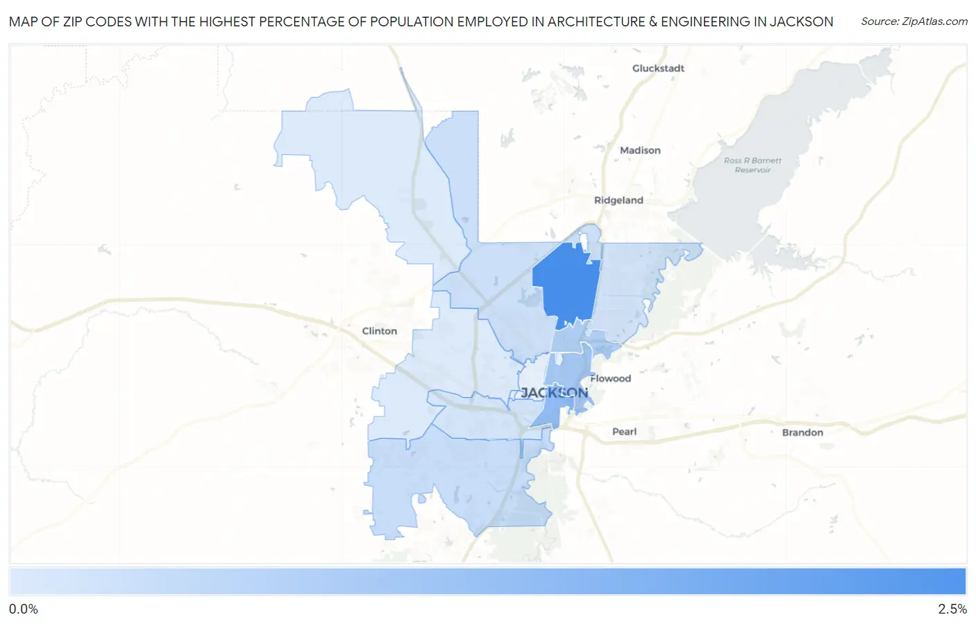 Zip Codes with the Highest Percentage of Population Employed in Architecture & Engineering in Jackson Map