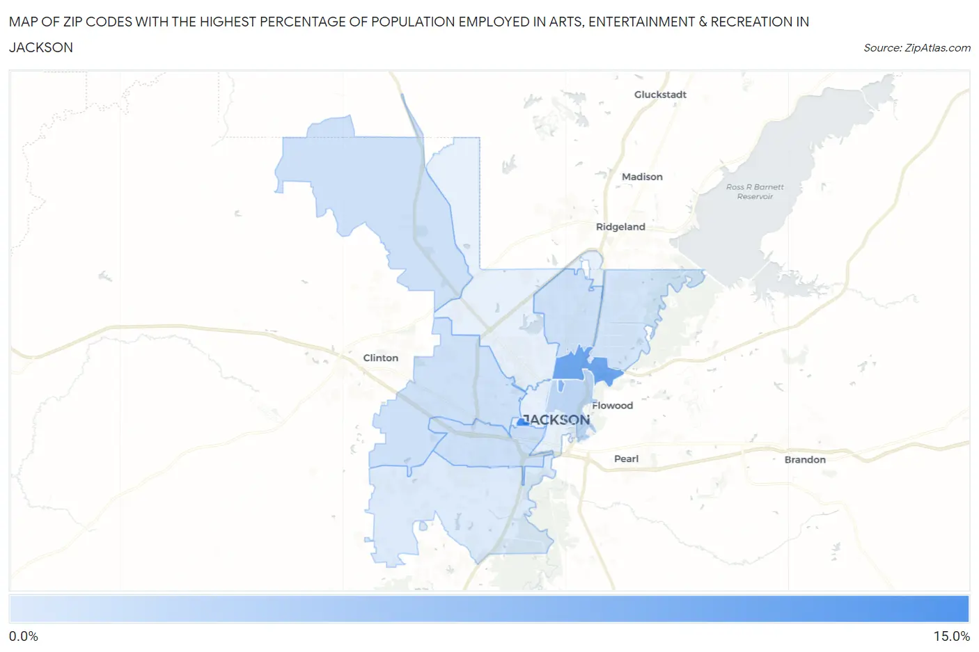 Zip Codes with the Highest Percentage of Population Employed in Arts, Entertainment & Recreation in Jackson Map