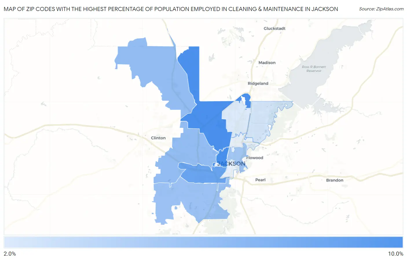 Zip Codes with the Highest Percentage of Population Employed in Cleaning & Maintenance in Jackson Map