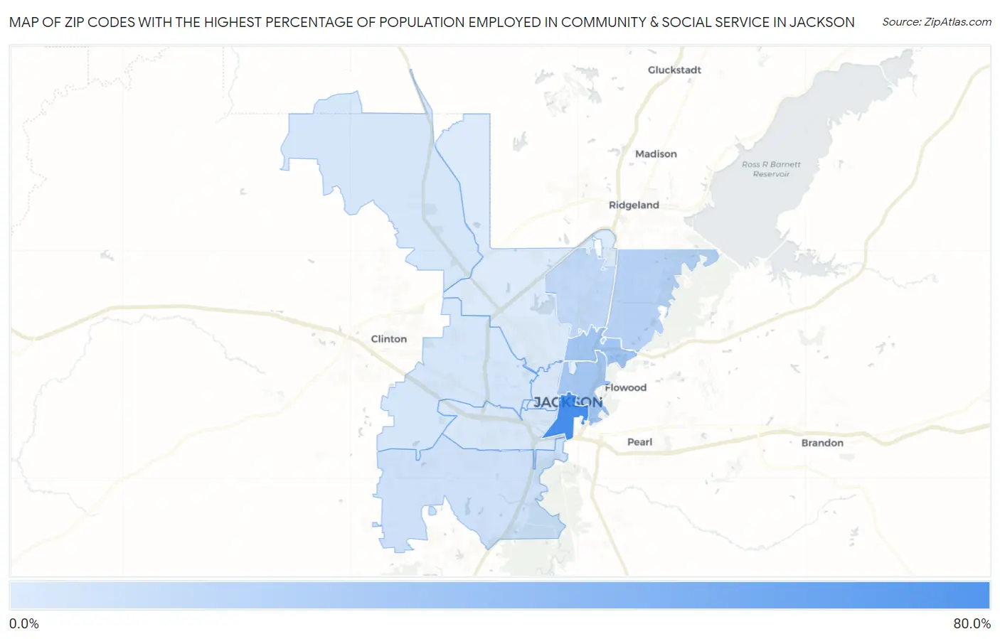 Zip Codes with the Highest Percentage of Population Employed in Community & Social Service  in Jackson Map