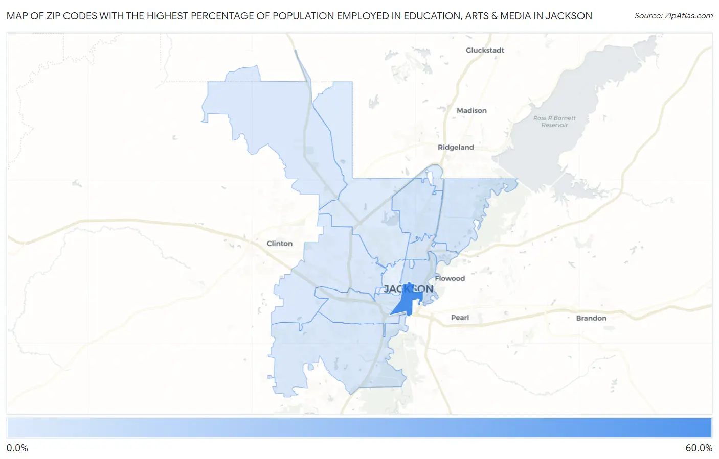 Zip Codes with the Highest Percentage of Population Employed in Education, Arts & Media in Jackson Map