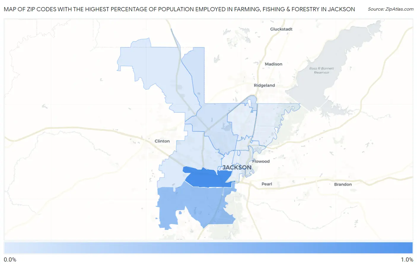 Zip Codes with the Highest Percentage of Population Employed in Farming, Fishing & Forestry in Jackson Map