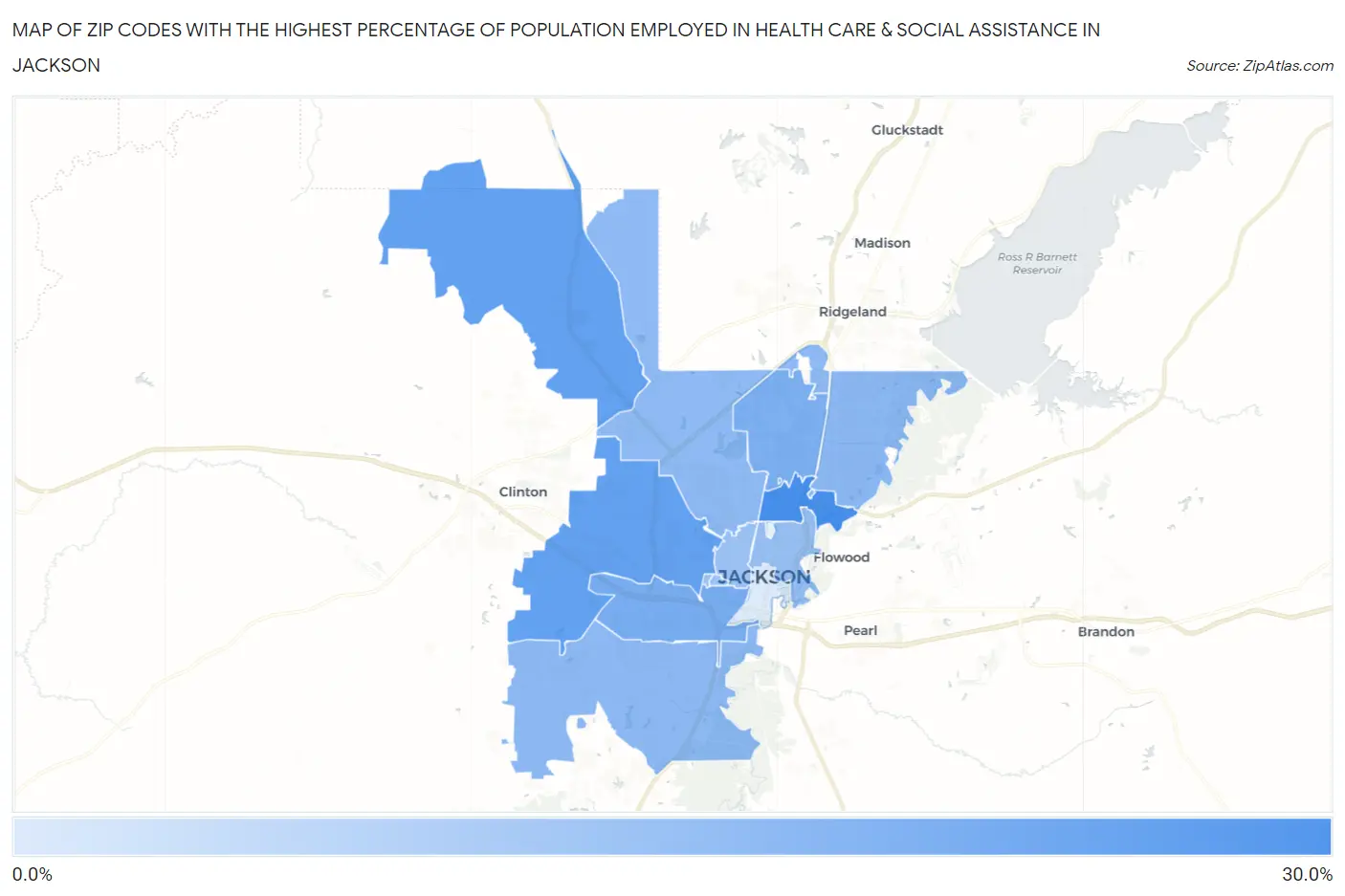 Zip Codes with the Highest Percentage of Population Employed in Health Care & Social Assistance in Jackson Map