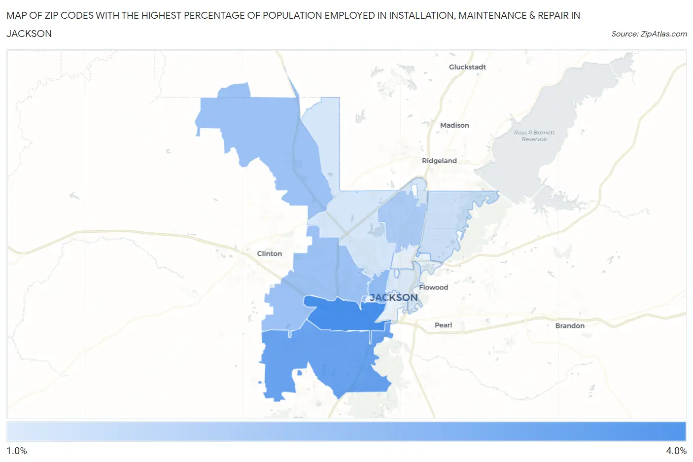 Zip Codes with the Highest Percentage of Population Employed in Installation, Maintenance & Repair in Jackson Map
