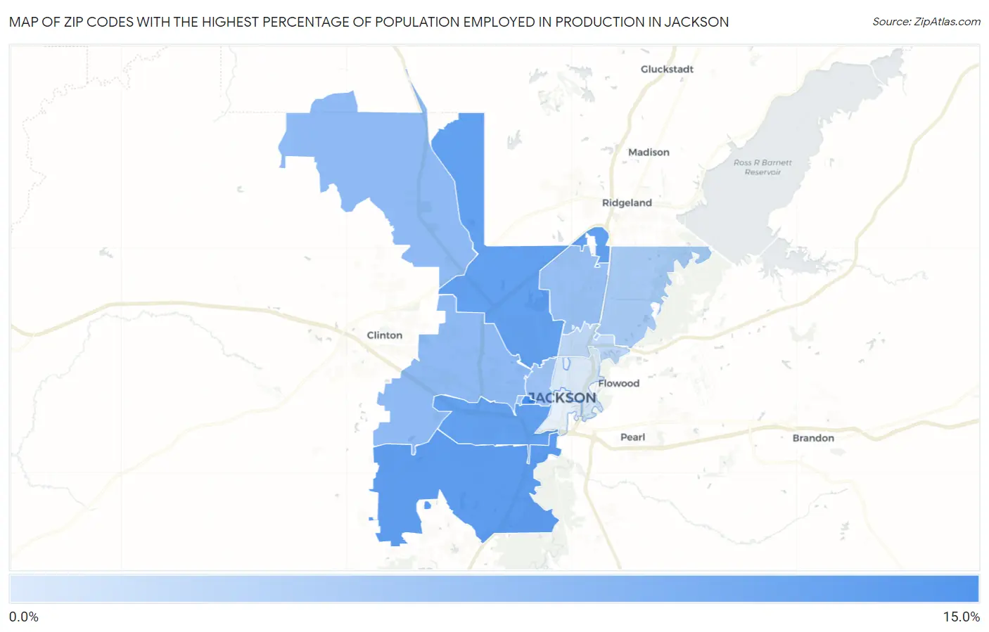 Zip Codes with the Highest Percentage of Population Employed in Production in Jackson Map