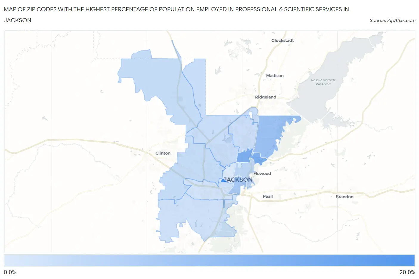 Zip Codes with the Highest Percentage of Population Employed in Professional & Scientific Services in Jackson Map