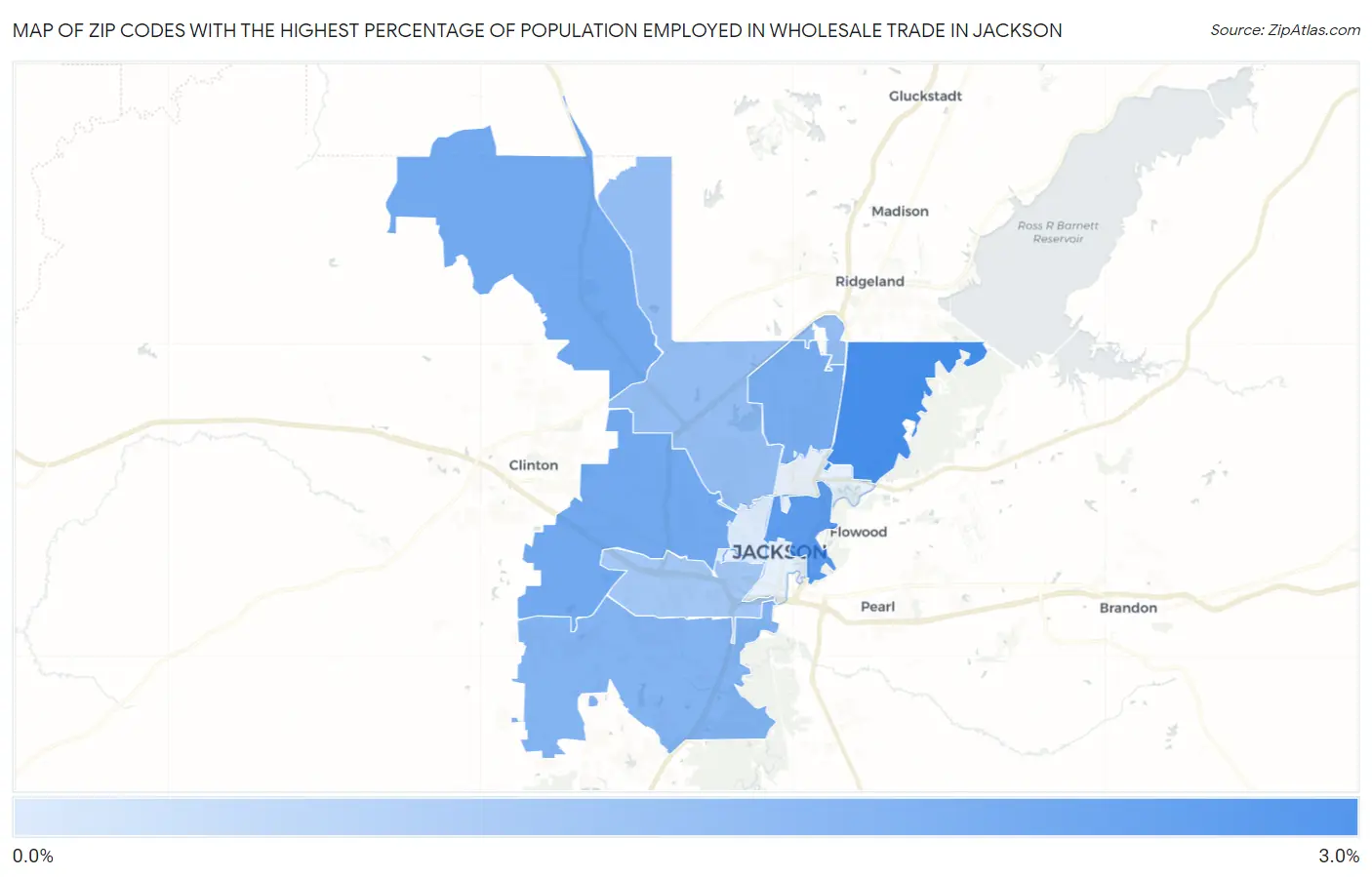 Zip Codes with the Highest Percentage of Population Employed in Wholesale Trade in Jackson Map