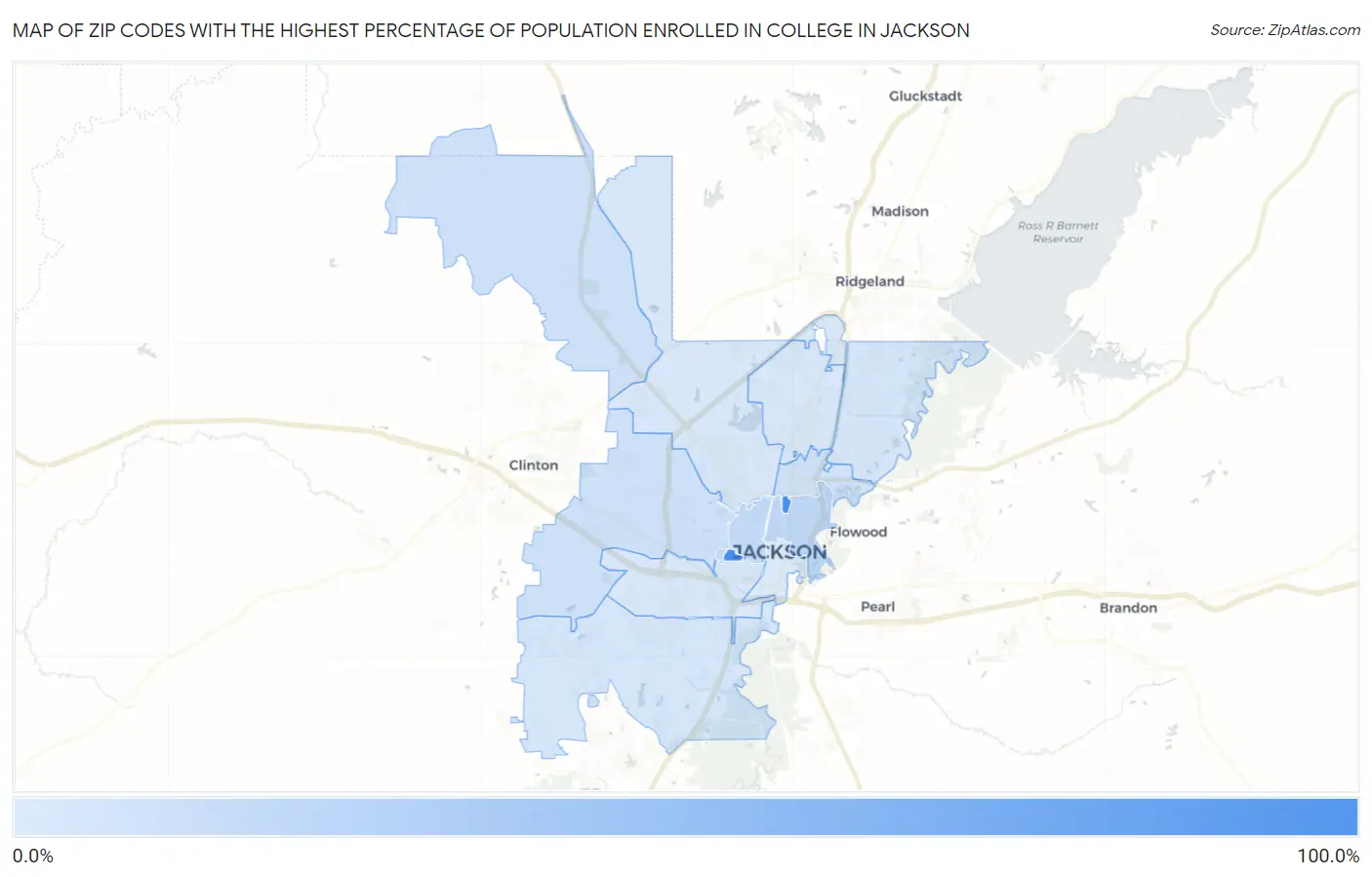Zip Codes with the Highest Percentage of Population Enrolled in College in Jackson Map