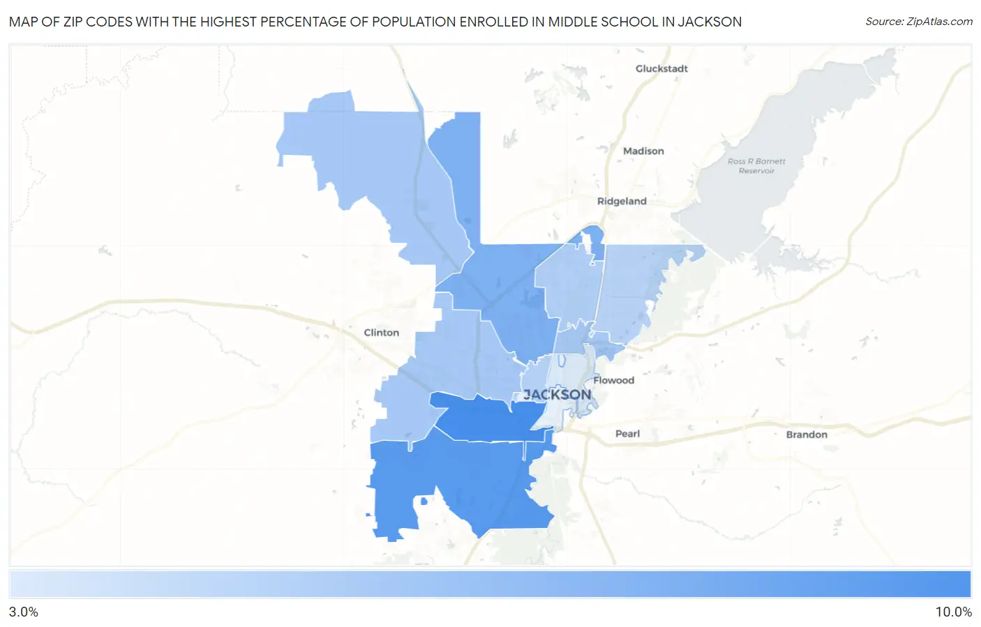 Zip Codes with the Highest Percentage of Population Enrolled in Middle School in Jackson Map