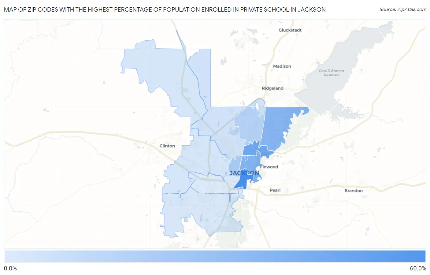 Zip Codes with the Highest Percentage of Population Enrolled in Private School in Jackson Map