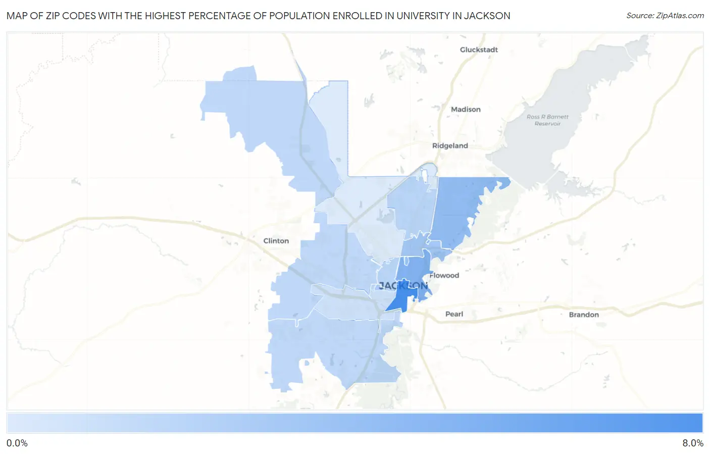 Zip Codes with the Highest Percentage of Population Enrolled in University in Jackson Map