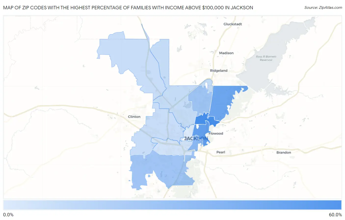 Zip Codes with the Highest Percentage of Families with Income Above $100,000 in Jackson Map