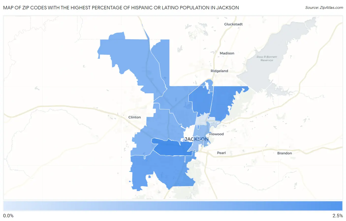 Zip Codes with the Highest Percentage of Hispanic or Latino Population in Jackson Map