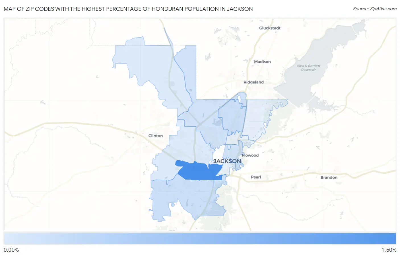 Zip Codes with the Highest Percentage of Honduran Population in Jackson Map