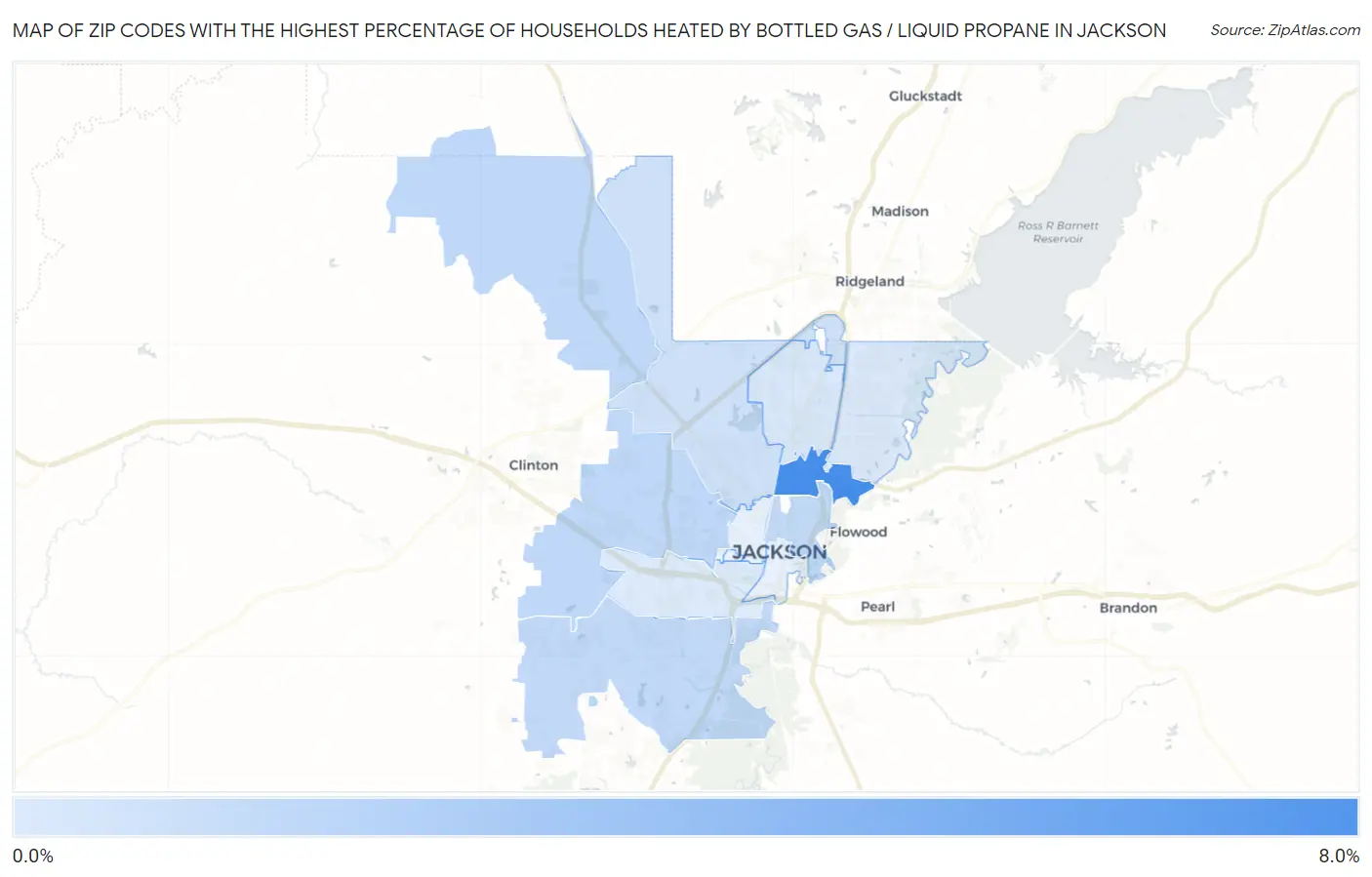 Zip Codes with the Highest Percentage of Households Heated by Bottled Gas / Liquid Propane in Jackson Map