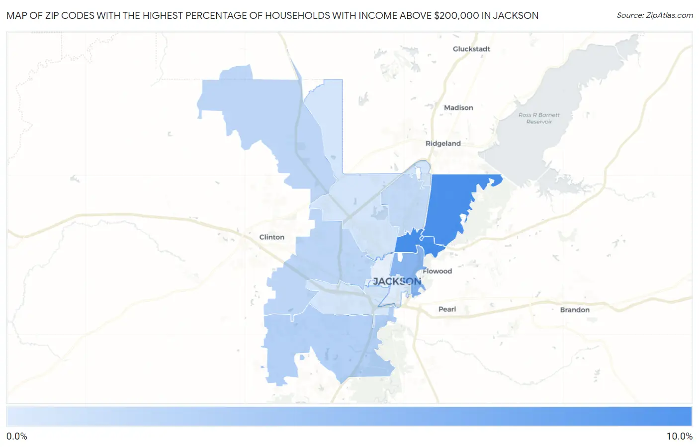 Zip Codes with the Highest Percentage of Households with Income Above $200,000 in Jackson Map