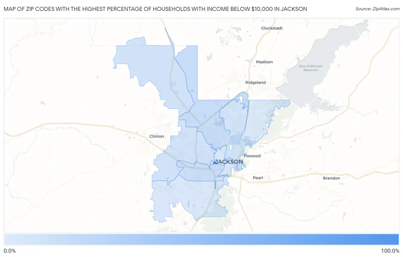 Zip Codes with the Highest Percentage of Households with Income Below $10,000 in Jackson Map