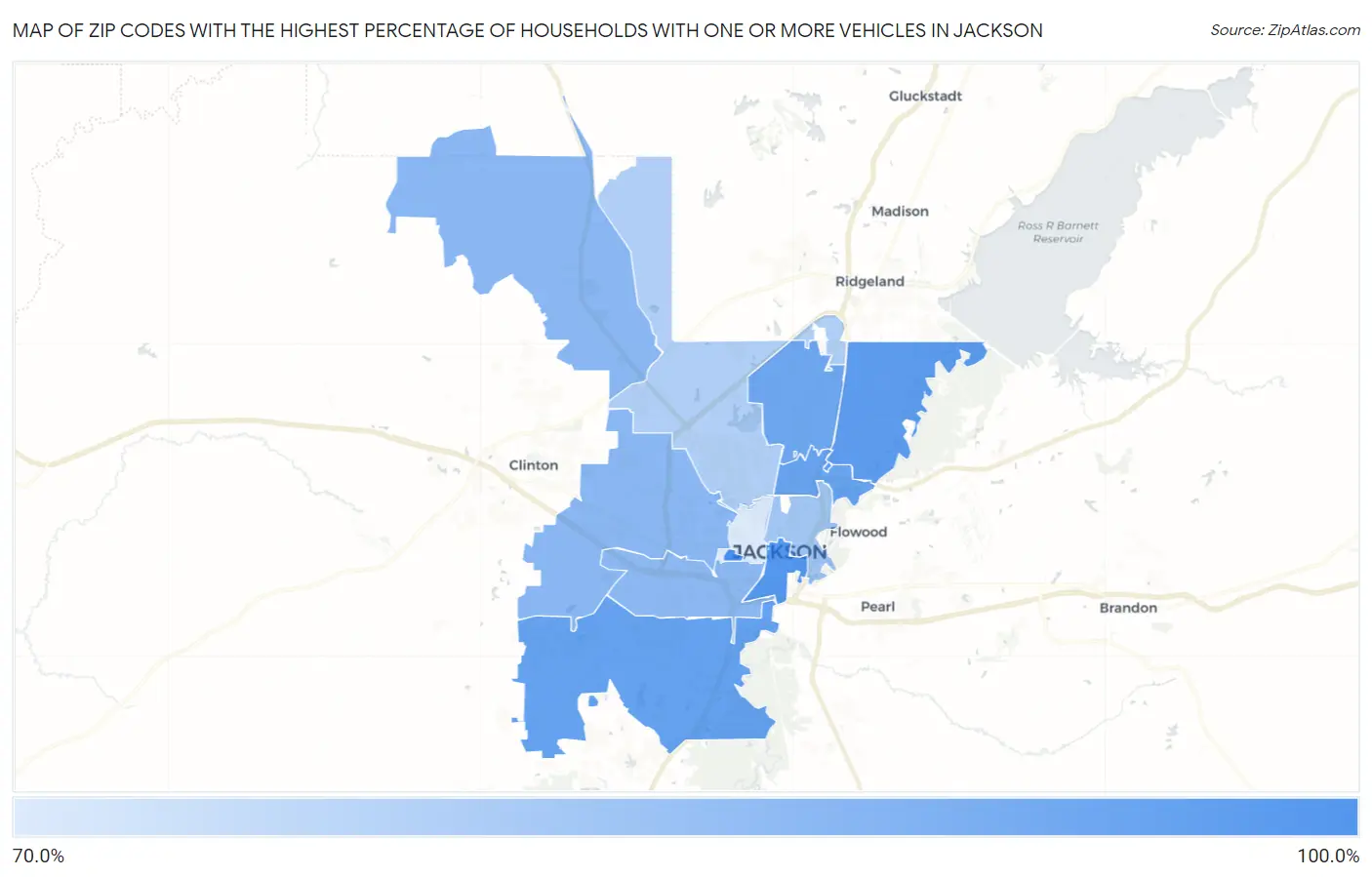 Zip Codes with the Highest Percentage of Households With One or more Vehicles in Jackson Map