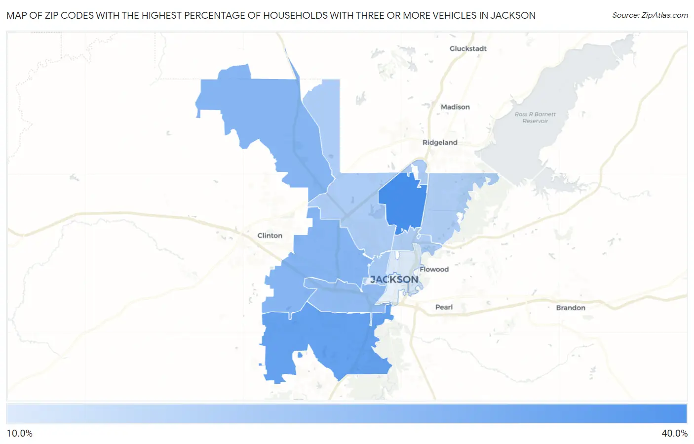 Zip Codes with the Highest Percentage of Households With Three or more Vehicles in Jackson Map