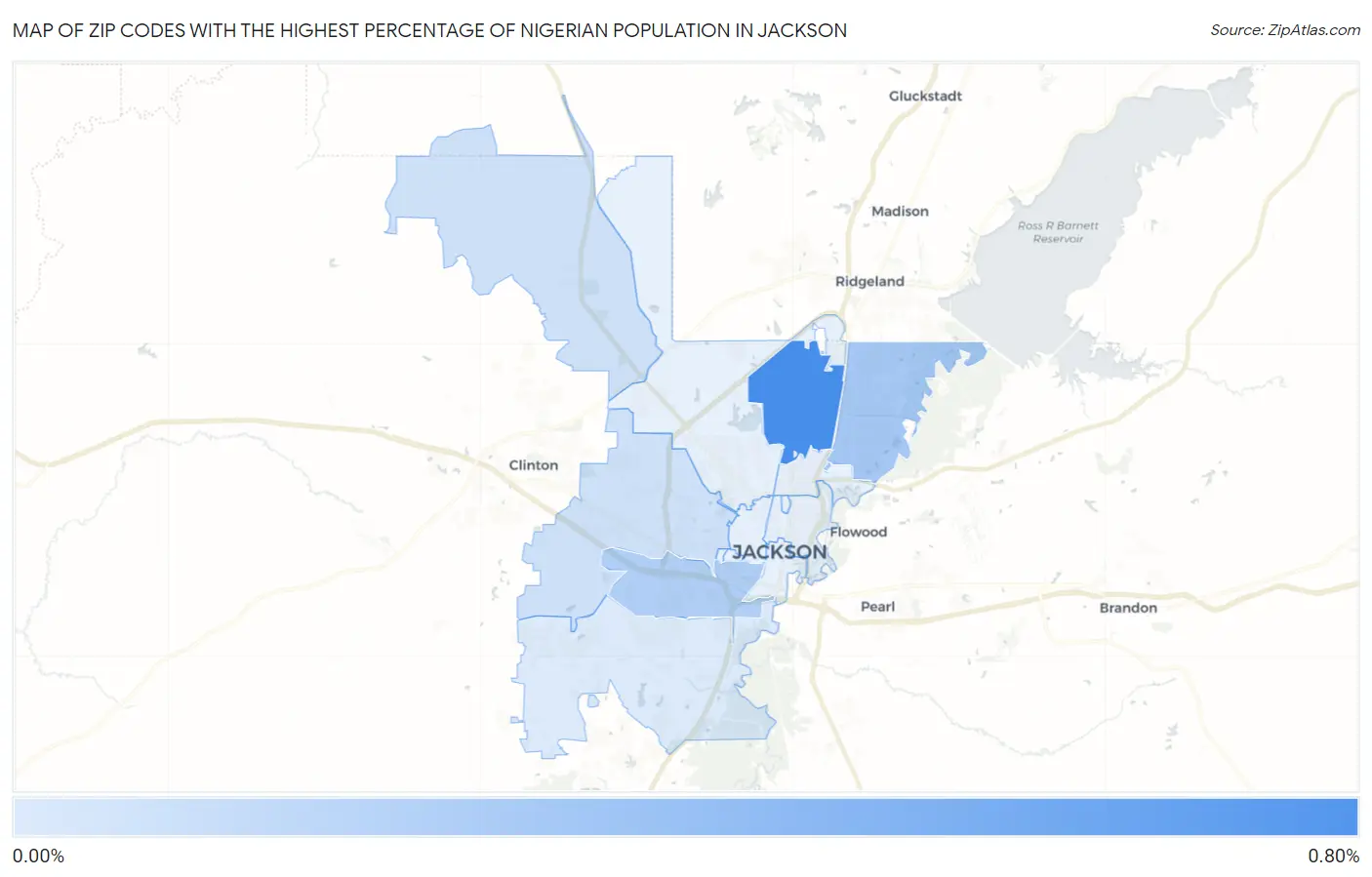 Zip Codes with the Highest Percentage of Nigerian Population in Jackson Map