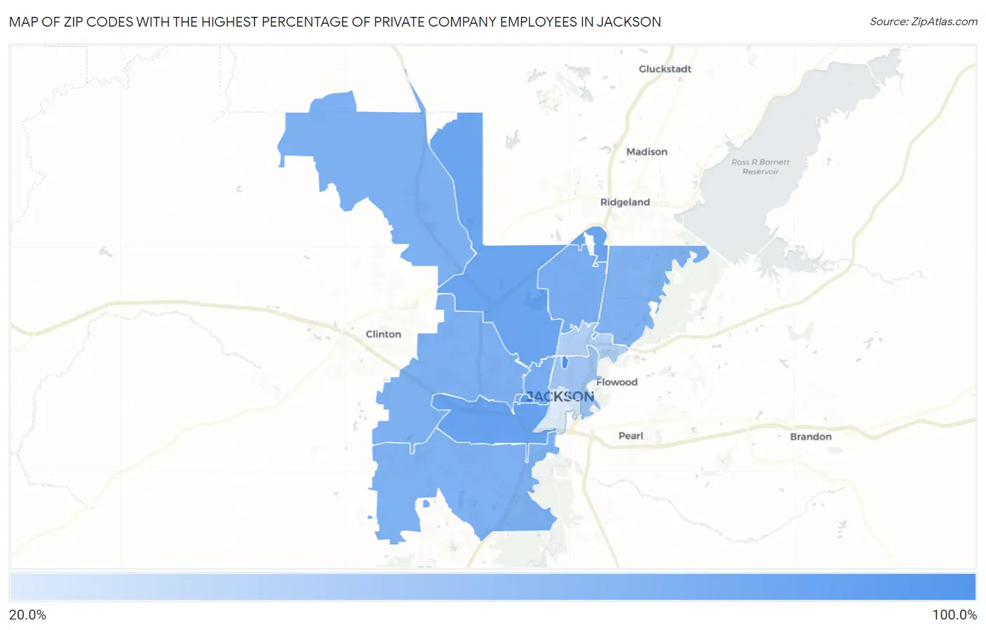 Zip Codes with the Highest Percentage of Private Company Employees in Jackson Map