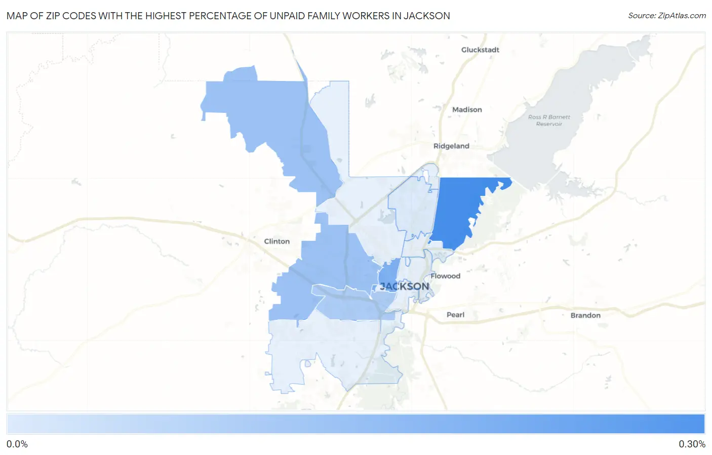 Zip Codes with the Highest Percentage of Unpaid Family Workers in Jackson Map