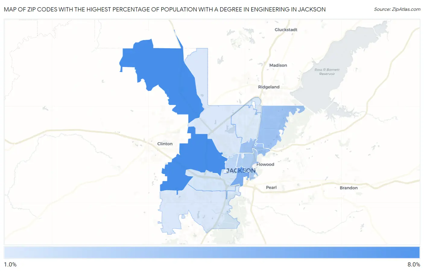 Zip Codes with the Highest Percentage of Population with a Degree in Engineering in Jackson Map