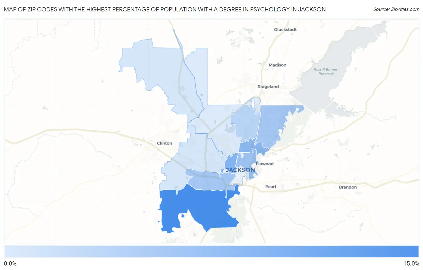 Zip Codes with the Highest Percentage of Population with a Degree in Psychology in Jackson Map
