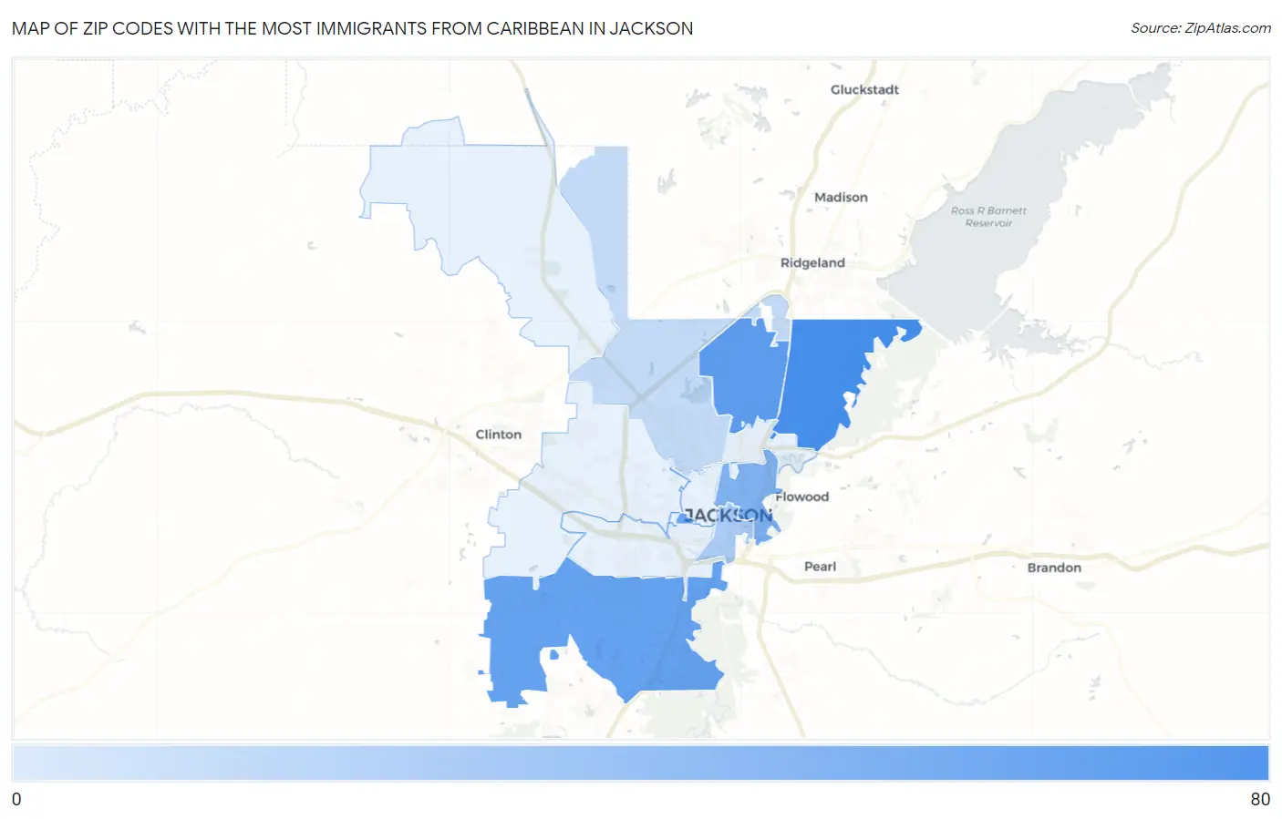Zip Codes with the Most Immigrants from Caribbean in Jackson Map