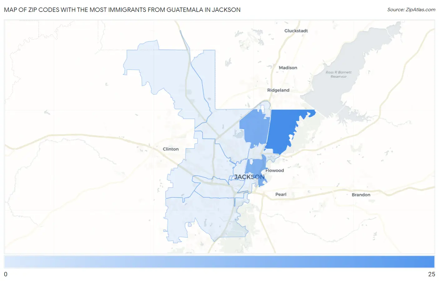Zip Codes with the Most Immigrants from Guatemala in Jackson Map