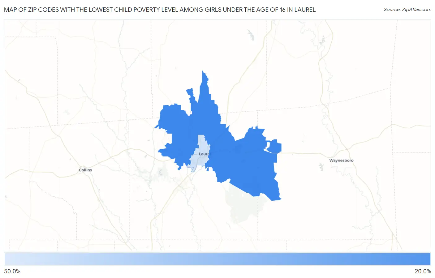 Zip Codes with the Lowest Child Poverty Level Among Girls Under the Age of 16 in Laurel Map