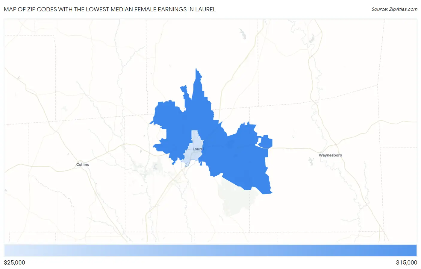 Zip Codes with the Lowest Median Female Earnings in Laurel Map