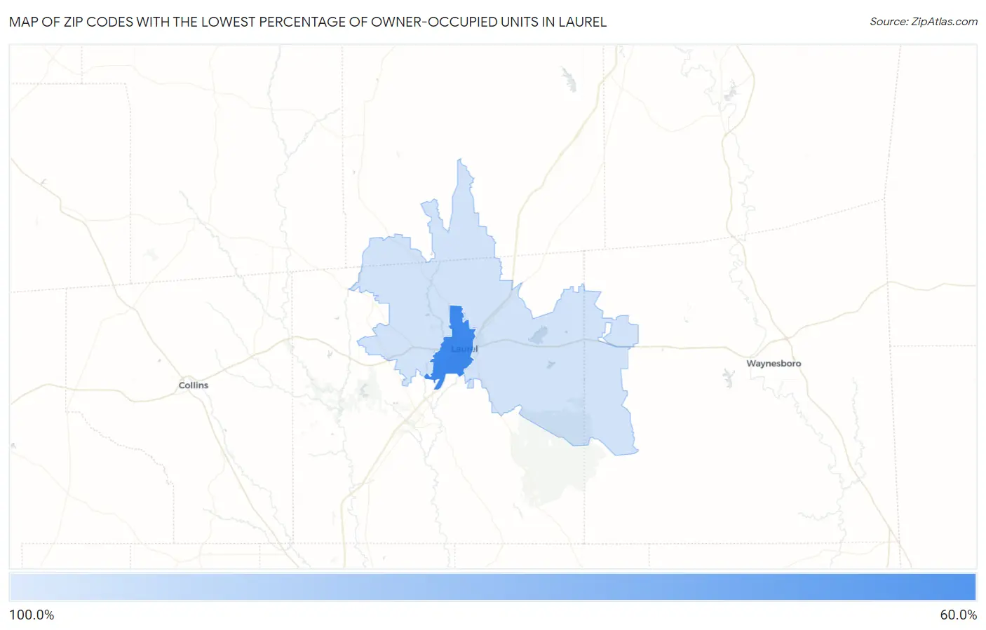 Zip Codes with the Lowest Percentage of Owner-Occupied Units in Laurel Map