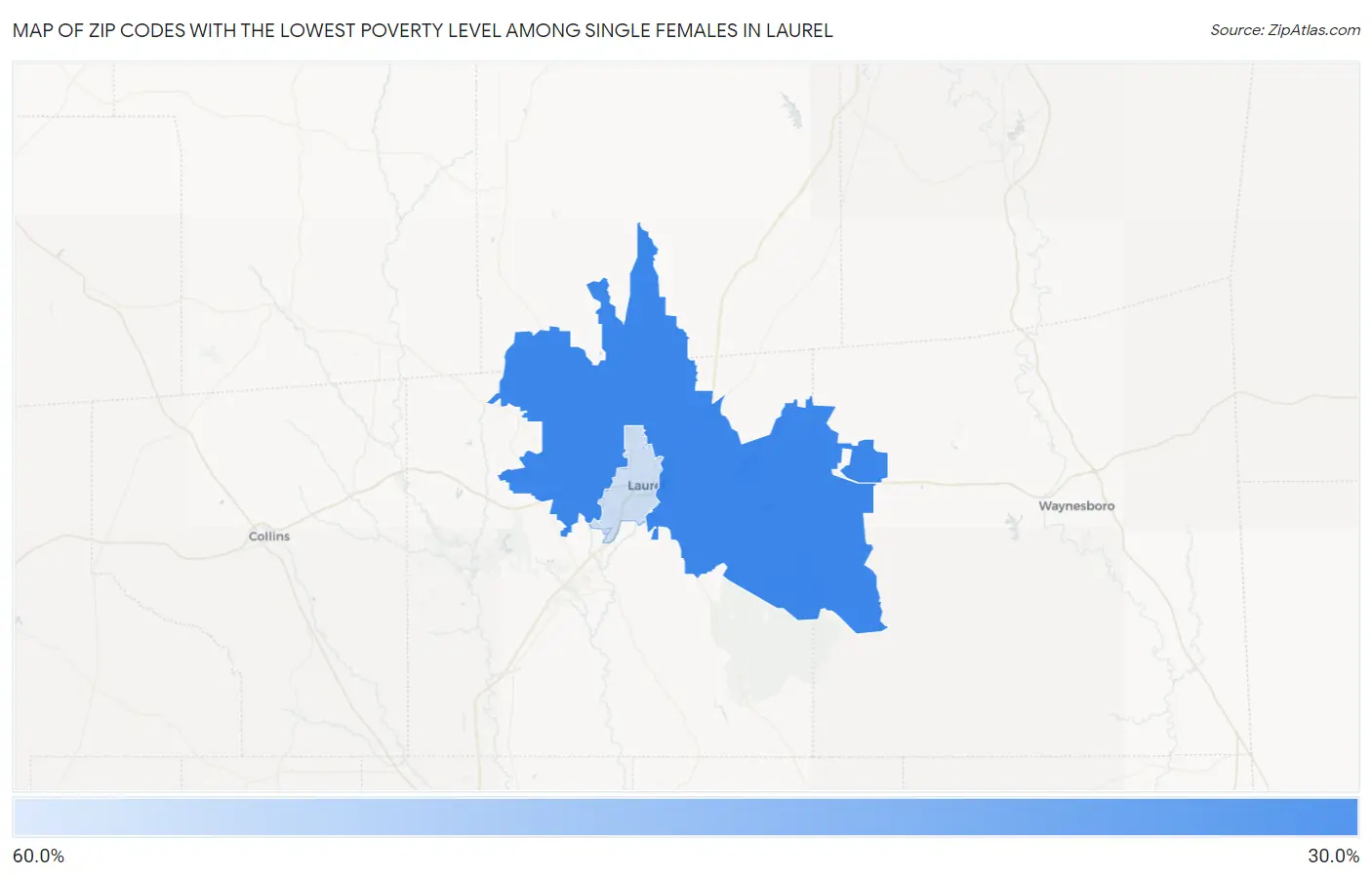 Zip Codes with the Lowest Poverty Level Among Single Females in Laurel Map