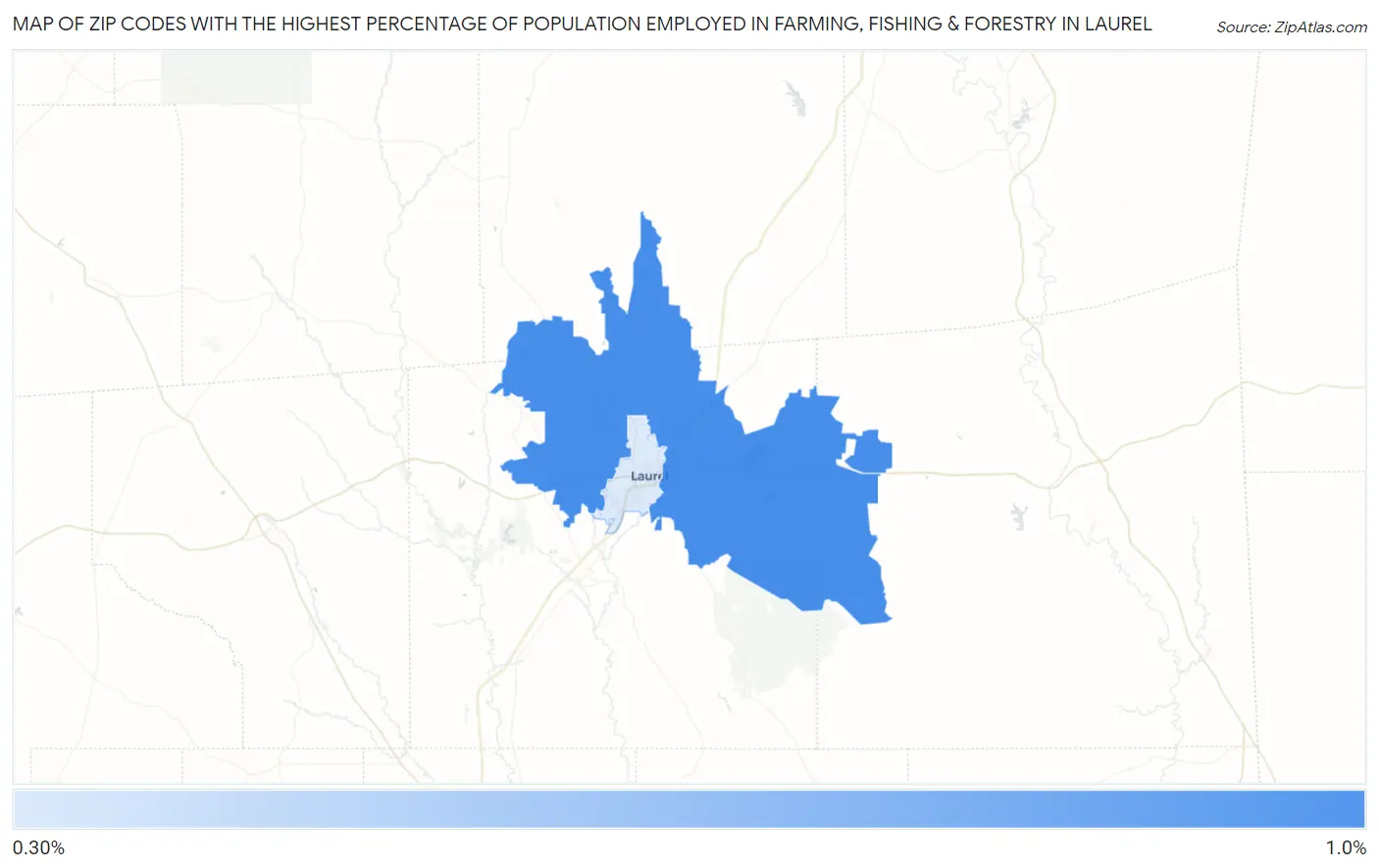Zip Codes with the Highest Percentage of Population Employed in Farming, Fishing & Forestry in Laurel Map
