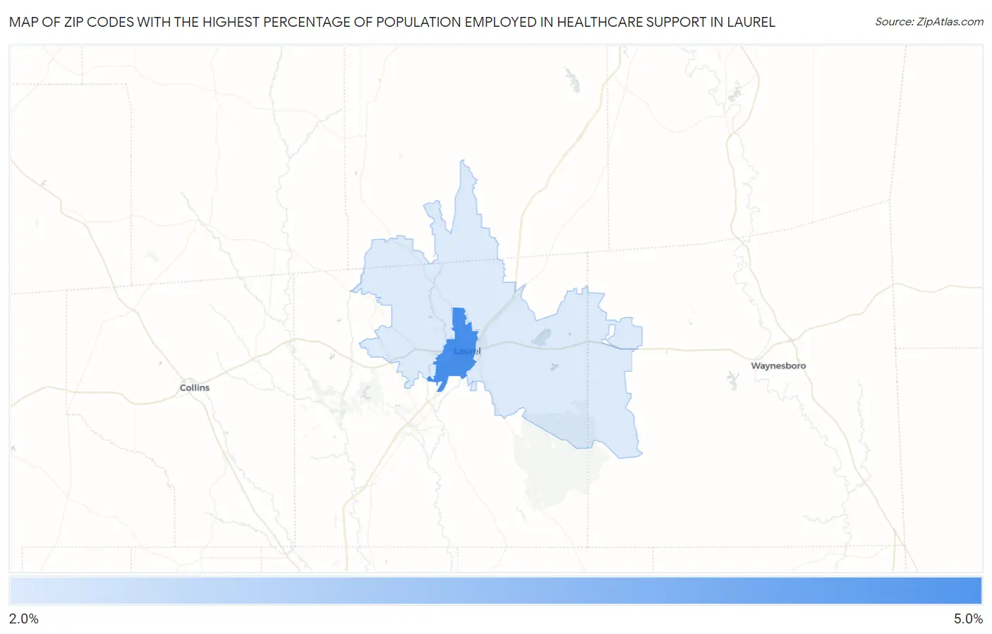 Zip Codes with the Highest Percentage of Population Employed in Healthcare Support in Laurel Map