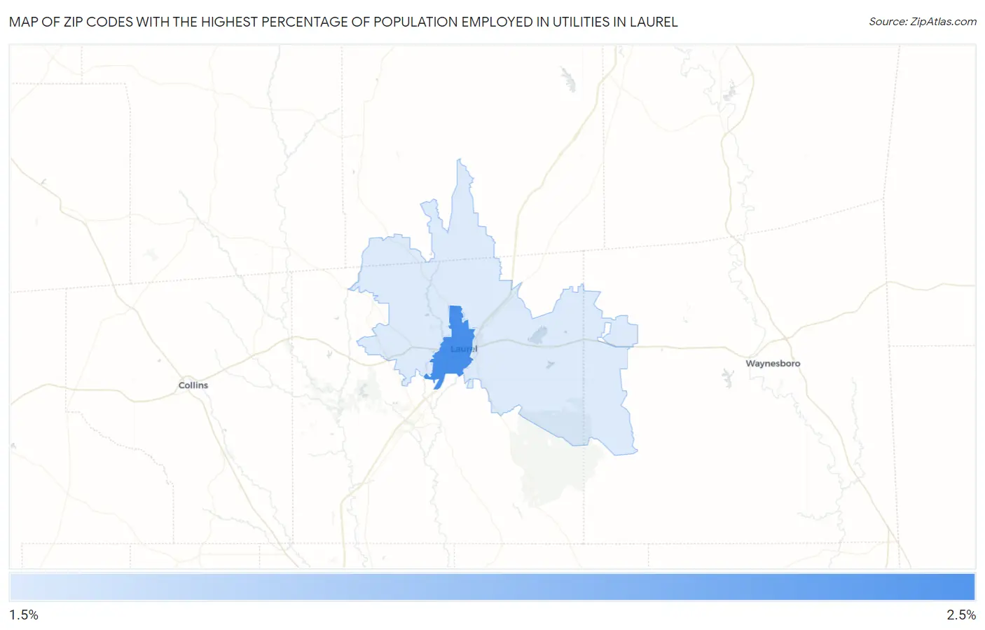 Zip Codes with the Highest Percentage of Population Employed in Utilities in Laurel Map