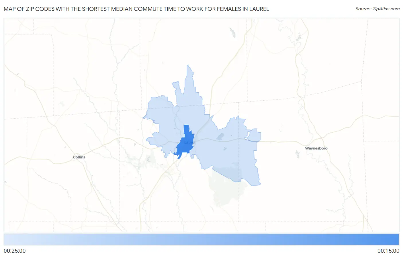 Zip Codes with the Shortest Median Commute Time to Work for Females in Laurel Map