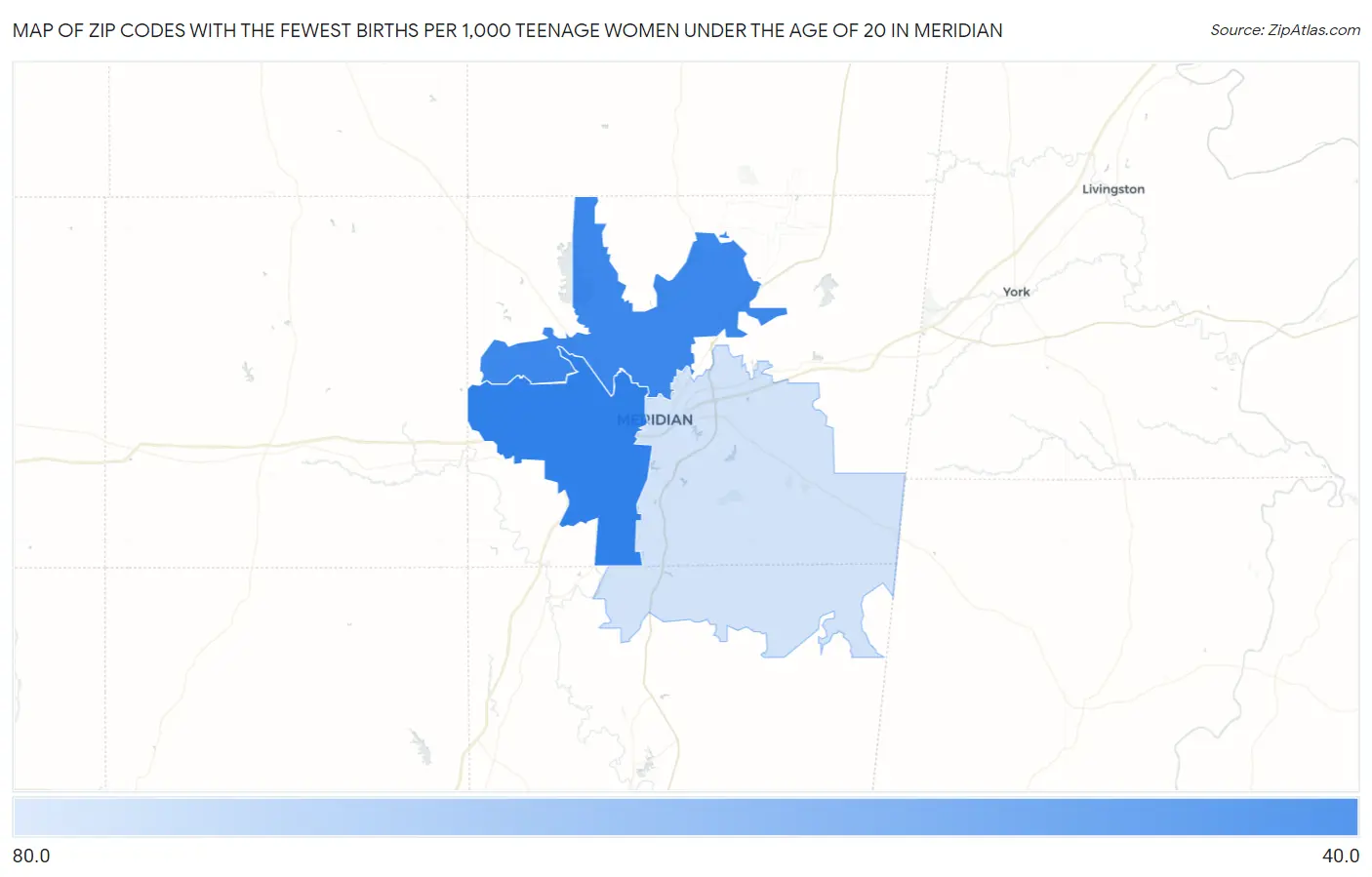 Zip Codes with the Fewest Births per 1,000 Teenage Women Under the Age of 20 in Meridian Map