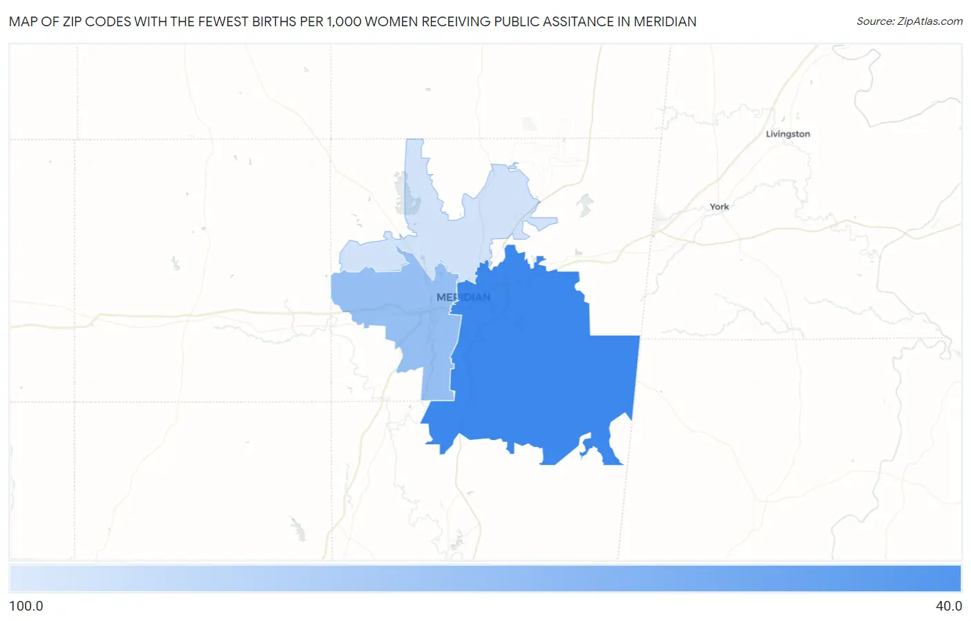 Zip Codes with the Fewest Births per 1,000 Women Receiving Public Assitance in Meridian Map