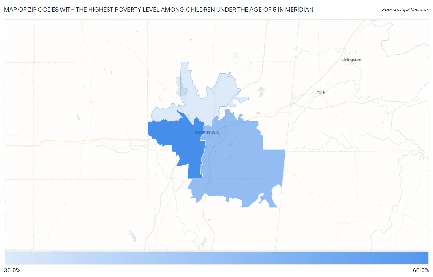 Zip Codes with the Highest Poverty Level Among Children Under the Age of 5 in Meridian Map
