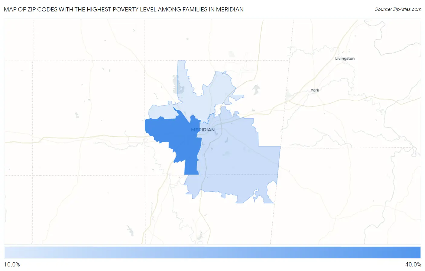 Zip Codes with the Highest Poverty Level Among Families in Meridian Map