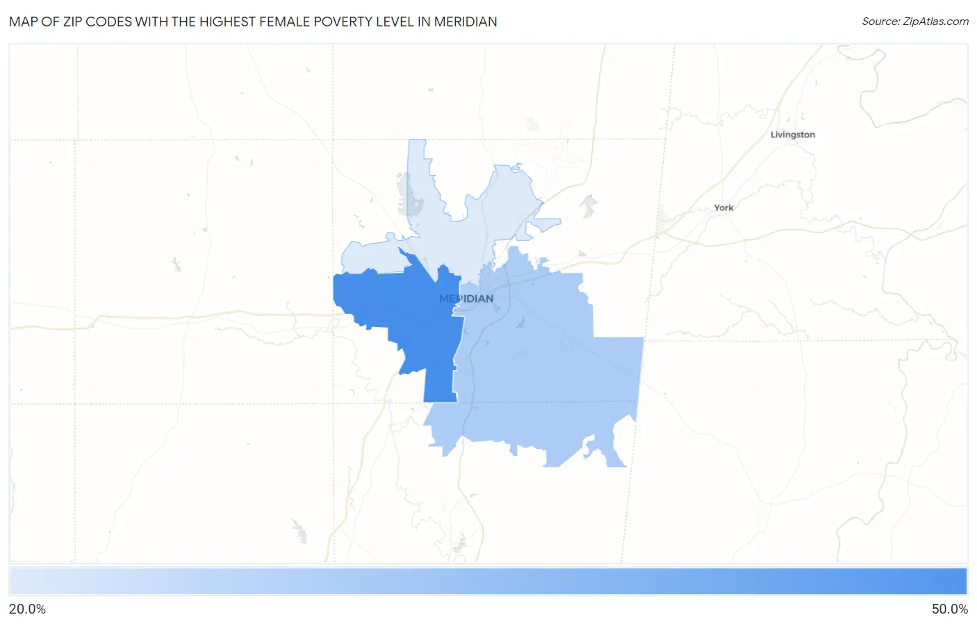 Zip Codes with the Highest Female Poverty Level in Meridian Map