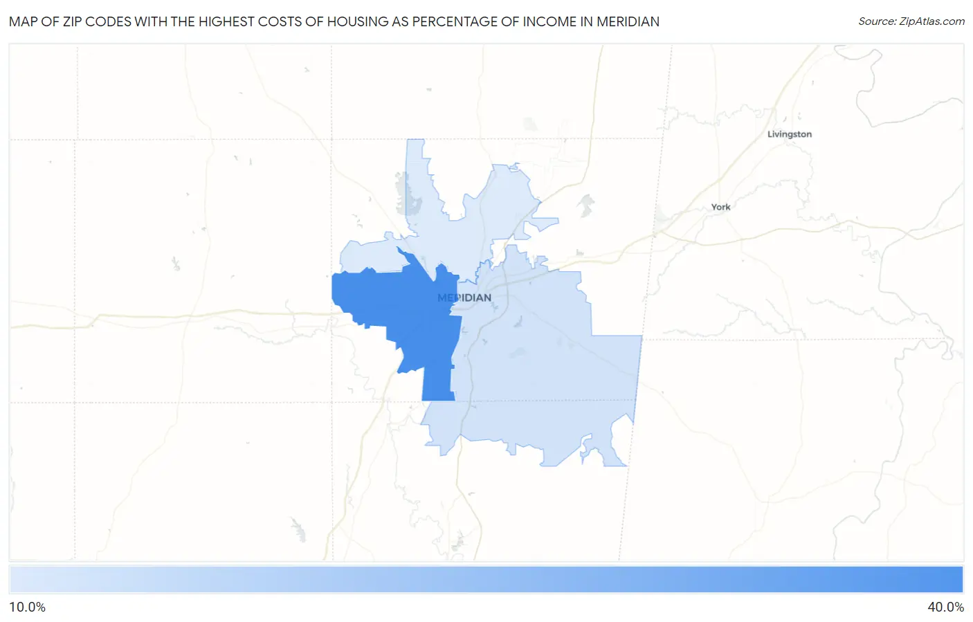 Zip Codes with the Highest Costs of Housing as Percentage of Income in Meridian Map