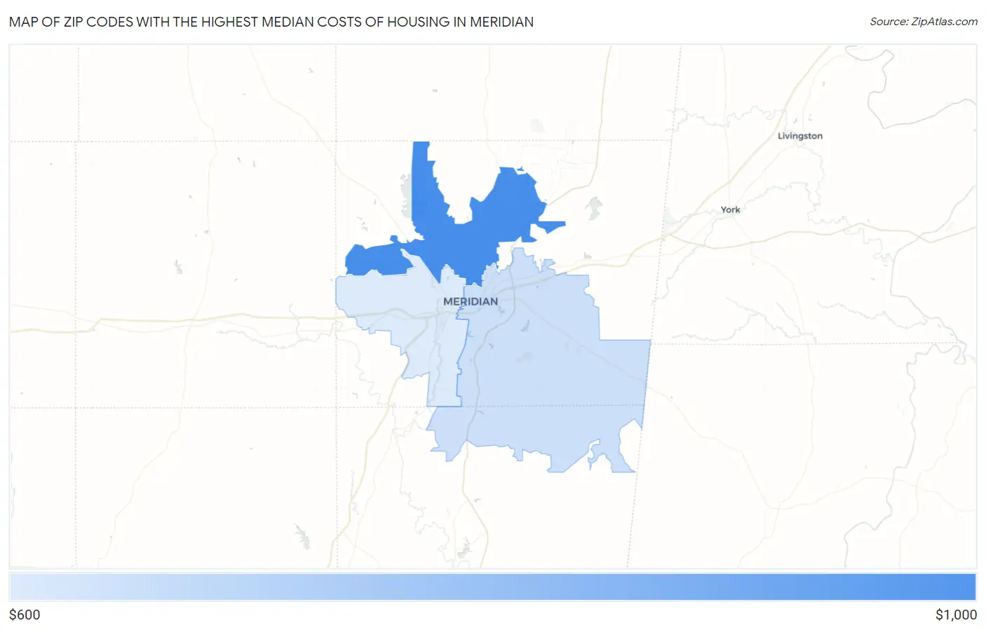 Zip Codes with the Highest Median Costs of Housing in Meridian Map