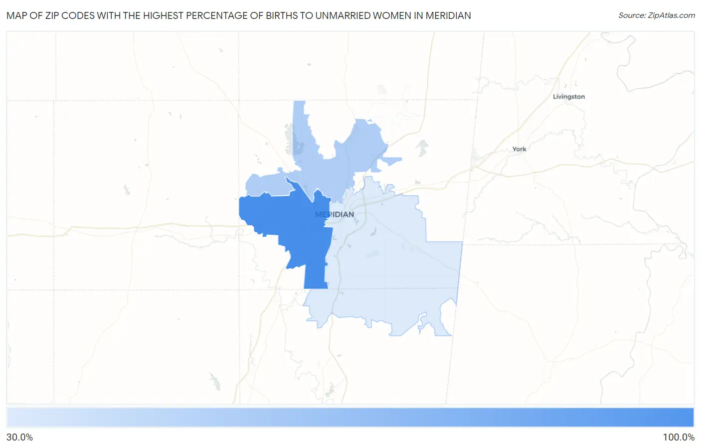 Zip Codes with the Highest Percentage of Births to Unmarried Women in Meridian Map