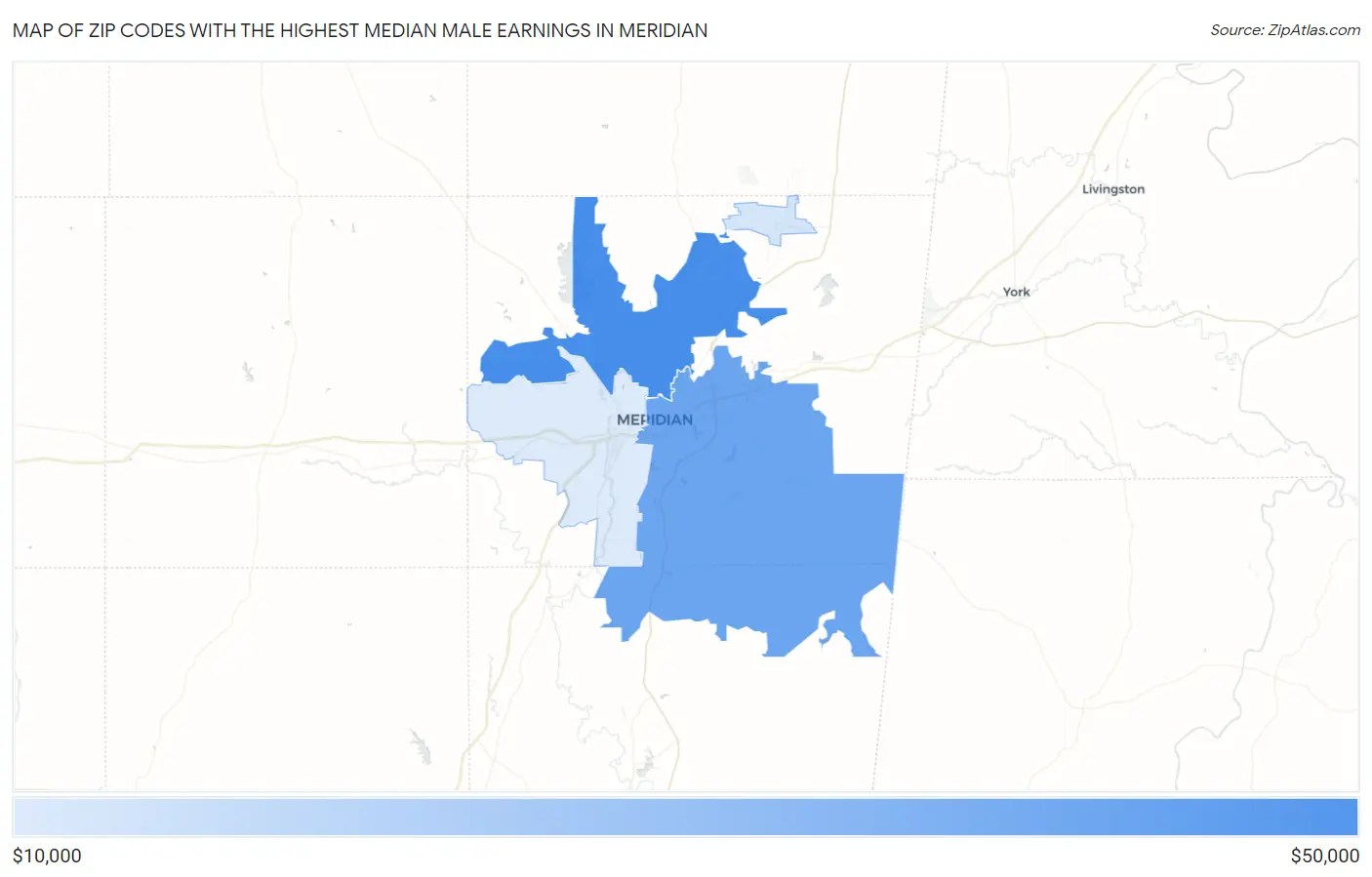 Zip Codes with the Highest Median Male Earnings in Meridian Map