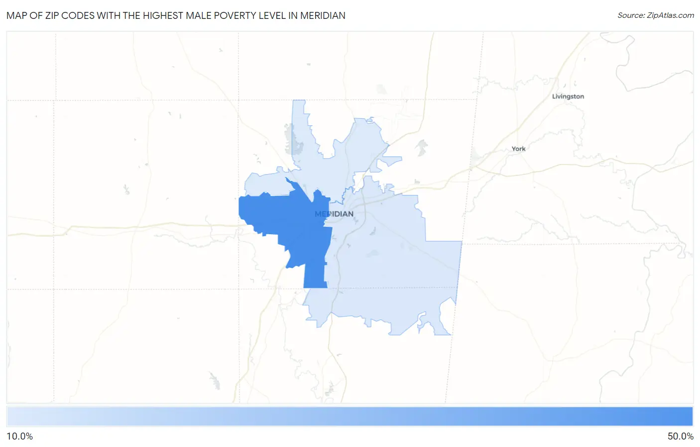 Zip Codes with the Highest Male Poverty Level in Meridian Map
